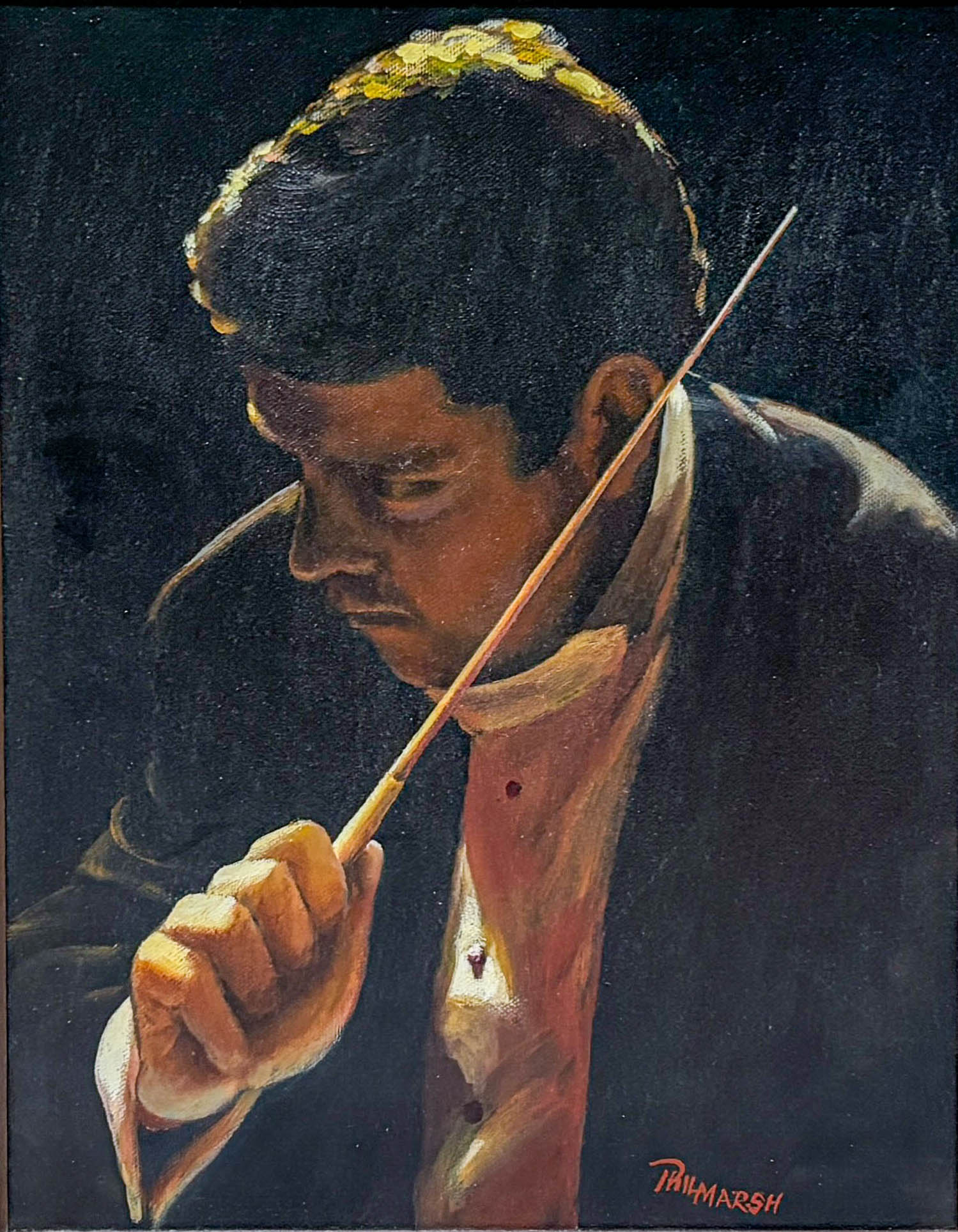 Painting of a person holding a bow and arrow against a dark background