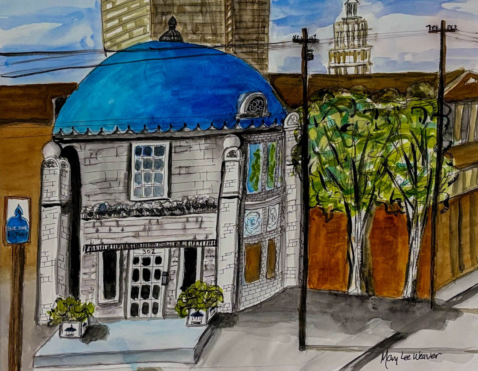 Artistic depiction of a building with a blue dome and trees in the foreground.