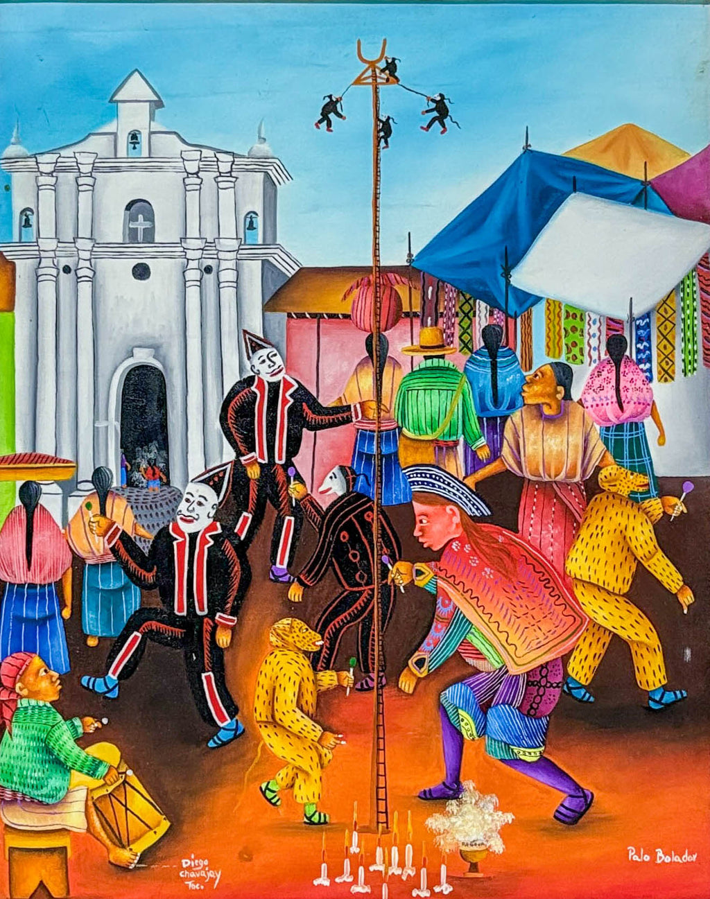 Colorful painting of a street scene with people and traditional figures, featuring a church in the background.
