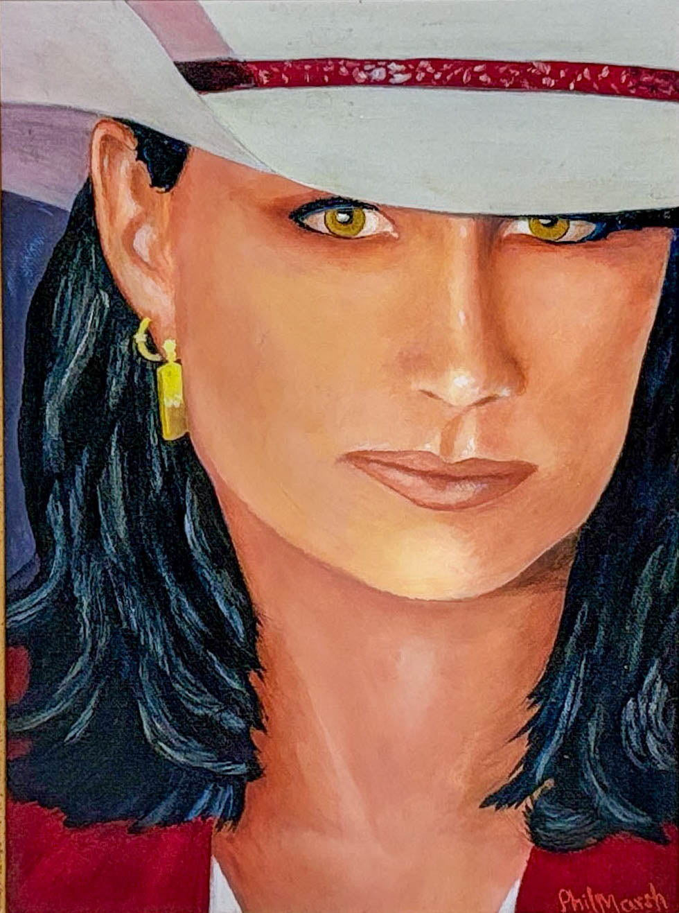 Artistic portrait of a person with dark hair and a white hat, wearing yellow earrings.